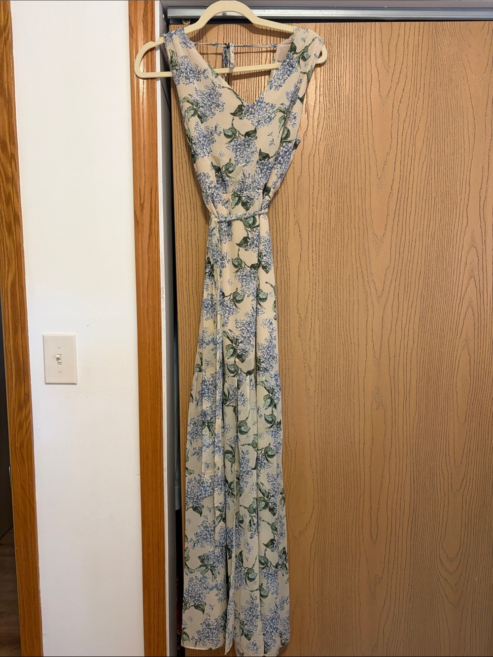 Floral V-Neck Maxi Dress in Cream and Blue